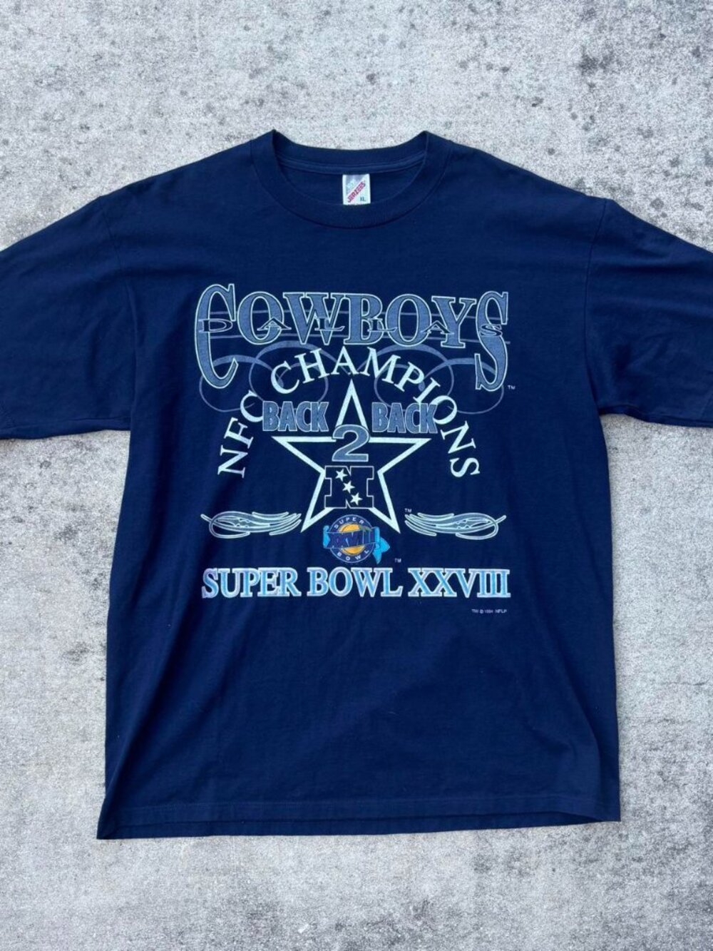 1994 Vintage Dallas Cowboys Tee Shirt Back 2 Back Champions NFL Navy Blue XL